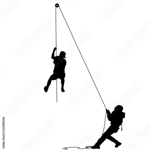 Black silhouette craftsman pulling rope on white background