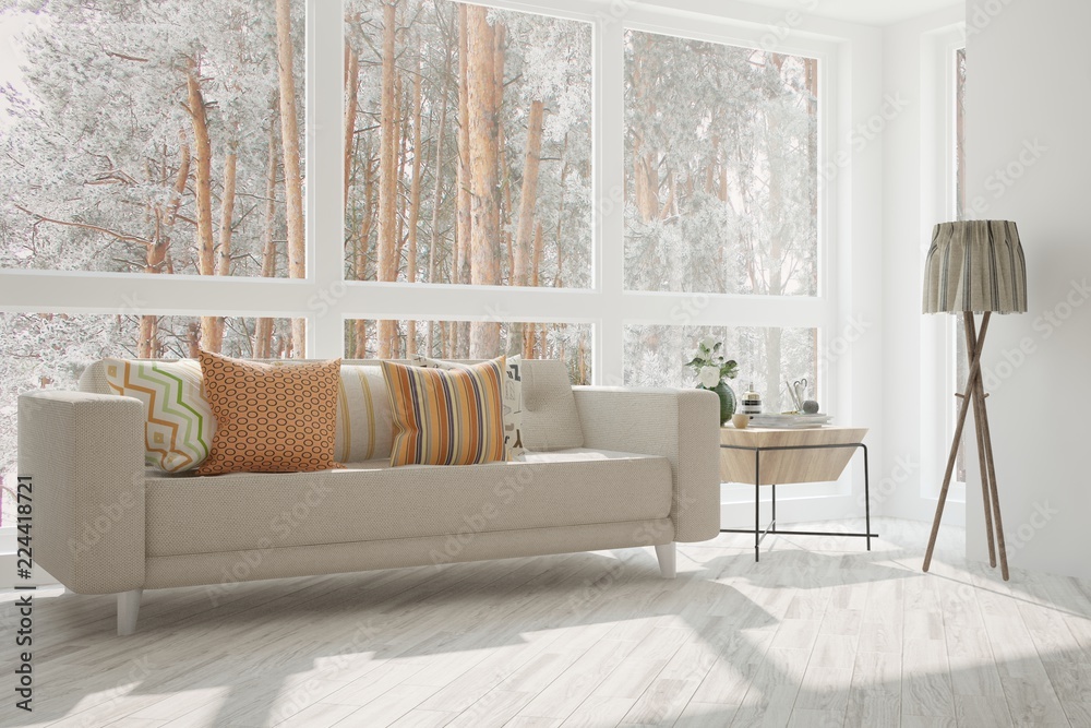 Fototapeta premium White room with sofa and winter landscape in window. Scandinavian interior design. 3D illustration
