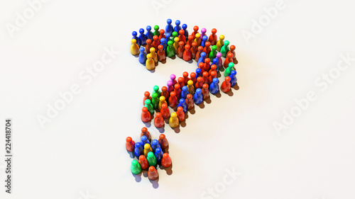 3D Illustration of Red, Green, Blue, Yellow, Colourfully Pawns Standing on a White Background in a Shape of Question Mark
