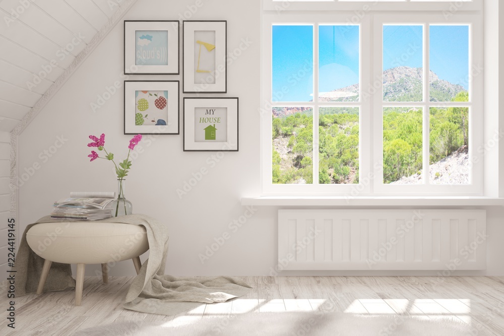 White empty room with summer landscape in window. Scandinavian interior design. 3D illustration White empty room with summer landscape in window. Scandinavian interior design. 3D illustration