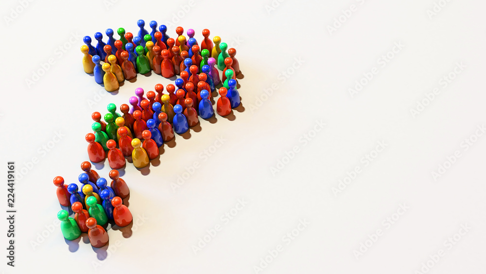 3D Illustration of Red, Green, Blue, Yellow, Colourfully Pawns Standing on a White Background in a Shape of Question Mark