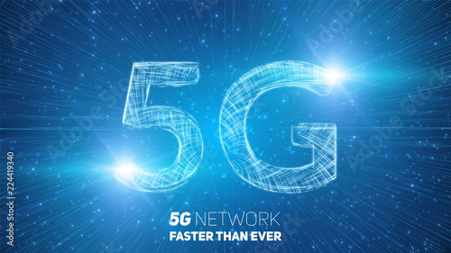 Vector abstract 5G new wireless internet connection background. Global network high speed network. 5G symbol construted with glowing lines with a lightspeed burst on background.