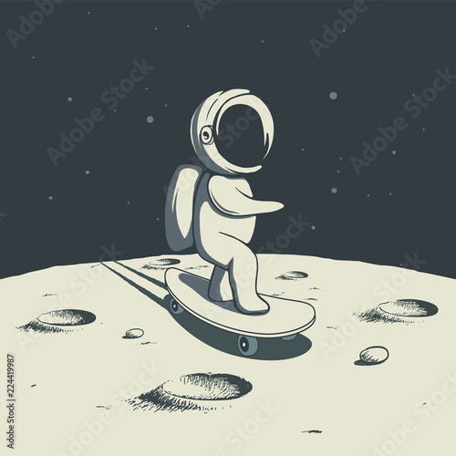 astronaut rides on skateboard on Moon.Space vector illustration.Prints design