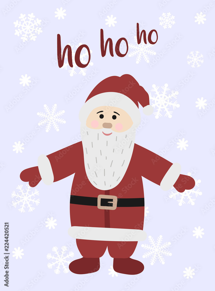 A vector image of a cartoon Santa Claus. Hand-drawn greeting card against the backdrop of snowflakes. Winter Christmas and New Year illustration. The inscription Ho ho ho A vector image of a cartoon Santa Claus. Hand-drawn greeting card against the backdrop of snowflakes. Winter Christmas and New Year illustration. The inscription Ho ho ho