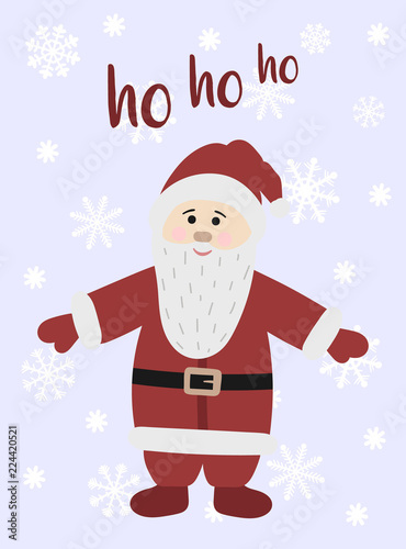 A vector image of a cartoon Santa Claus. Hand-drawn greeting card against the backdrop of snowflakes. Winter Christmas and New Year illustration. The inscription Ho ho ho © Anton