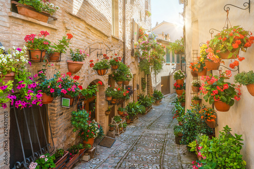 Scenic sight in Spello, flowery and picturesque village in Umbria, province of Perugia, Italy. © e55evu