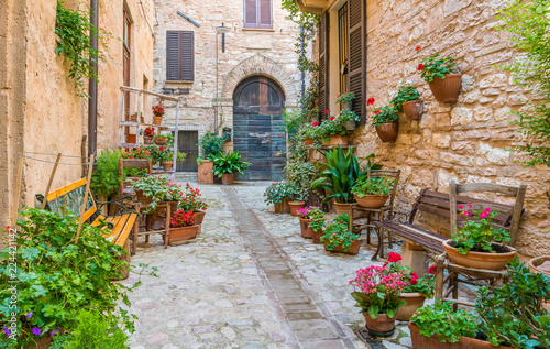 Scenic sight in Spello, flowery and picturesque village in Umbria, province of Perugia, Italy.