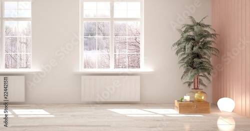 White empty room with winter landscape in window. Scandinavian interior design. 3D illustration