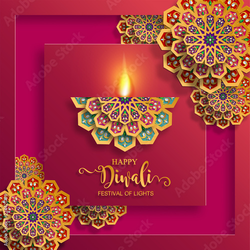 Happy Diwali festival card with gold diya patterned and crystals on paper color Background.