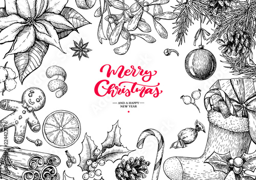 Christmas holiday greeting card. Vector hand drawn illustration 