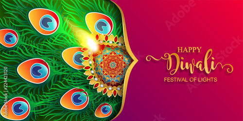 Happy Diwali festival card with gold diya patterned and crystals on paper color Background.