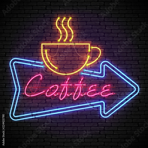 Shining and glowing red neon coffee sign in blue arrow frame with yellow coffee cup on brick wall. Bright coffee house sign, night advertisement logo, vector illustration.