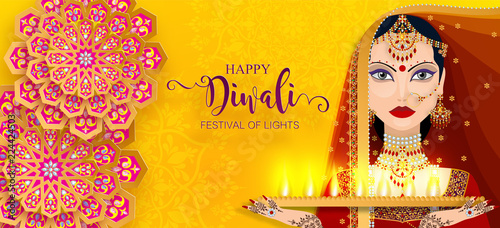 Happy Diwali festival card with gold diya patterned and crystals on paper color Background.