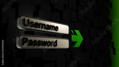3D illustration of 3D username and password fields with a green arrow and dark gray background formed from dark gray squares