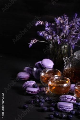 Lavander tea with macarons background