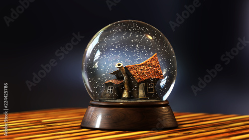 3D Illustration of an Curved Old Made of Stone Weird House with a Chimney and a Tiled Roof in a Snowing Inside Glass Globe Standing on a Wooden Pedestal Base
