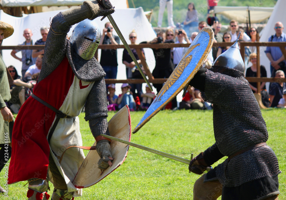 Knights fighting on tournament in Czersk castle, south of Warsaw, Mazovia, Poland