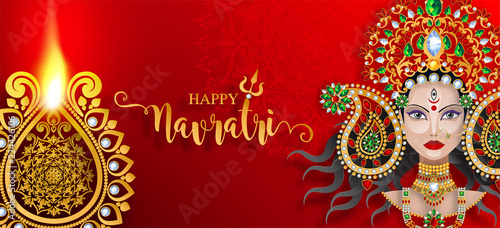 Happy Diwali festival card with gold diya patterned and crystals on paper color Background.