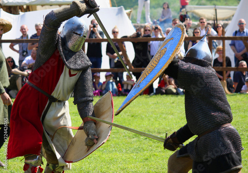 Obraz na płótnie Knights fighting on tournament in Czersk castle, south of Warsaw, Mazovia, Poland w salonie