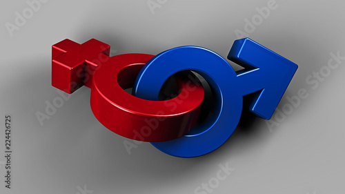 3D Illustration of Pinky Female and Blue Male Symbols Nested on a Light Background