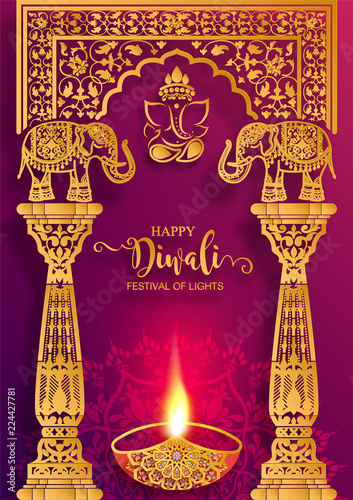 Happy Diwali festival card with gold diya patterned and crystals on paper color Background.