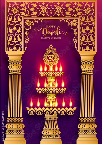 Happy Diwali festival card with gold diya patterned and crystals on paper color Background.