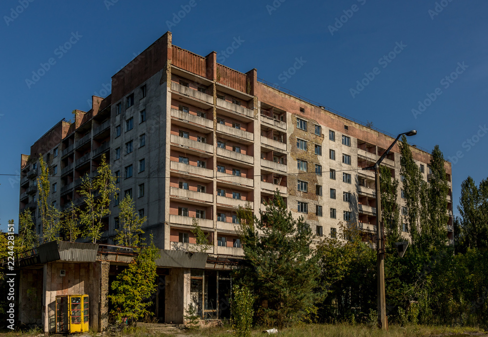 The building where the Pripjat people lived before had to evacuate from day to day after the Chernobyl nuclear disaster. Captured 30 years after the disaster.