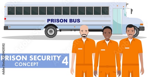 Prison security concept. Detailed illustration of prison bus and prisoners on white background in flat style. Vector illustration.