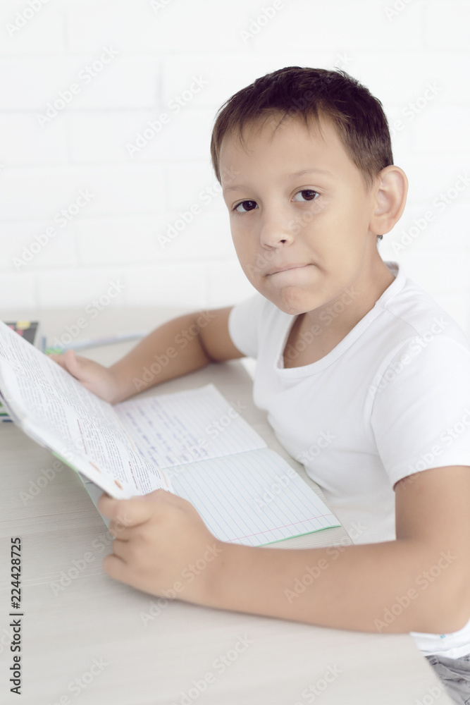 schoolboy teaches lessons, studying books writing in a notebook on a white background schoolboy teaches lessons, studying books writing in a notebook on a white background