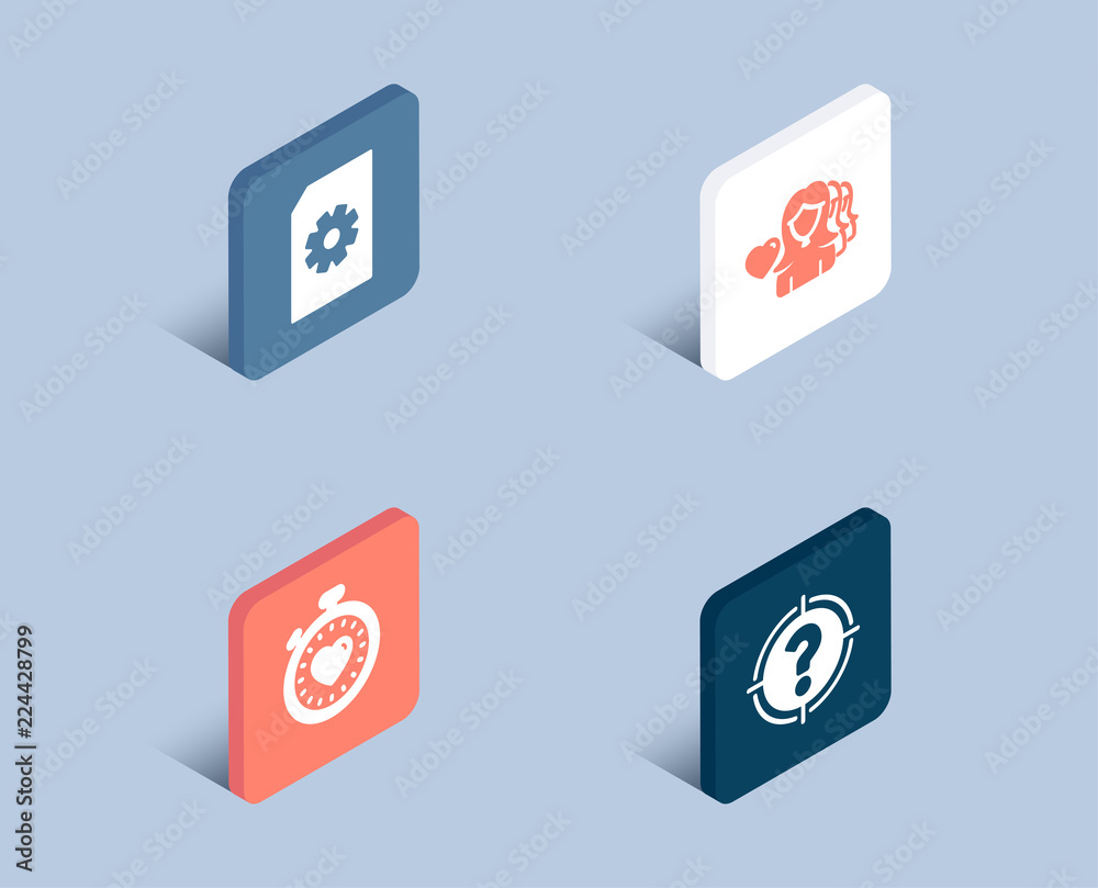Set of File management, Heartbeat timer and Woman love icons. Headhunter sign. Doc with cogwheel, Love stopwatch, Romantic people. Aim with question mark. 3d isometric buttons. Flat design concept Set of File management, Heartbeat timer and Woman love icons. Headhunter sign. Doc with cogwheel, Love stopwatch, Romantic people. Aim with question mark. 3d isometric buttons. Flat design concept