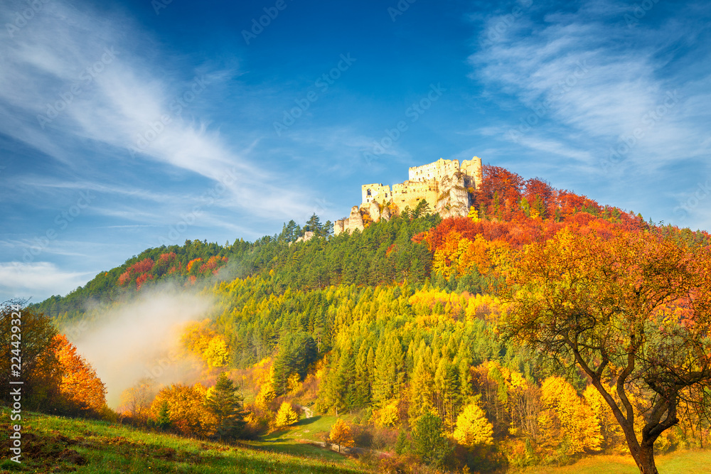 Autumn landscape with medieval castle Lietava near Zilina town, Slovakia, Europe.