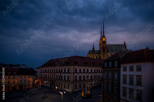 The Cathedral of Saints Peter and Paul is located on the Petrov Hill in the center of the city of Brno in the Czech Republic during a dramatic sunset captured from a beautiful view on roo...
