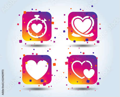 Heart ribbon icon. Timer stopwatch symbol. Love and Heartbeat palpitation signs. Colour gradient square buttons. Flat design concept. Vector