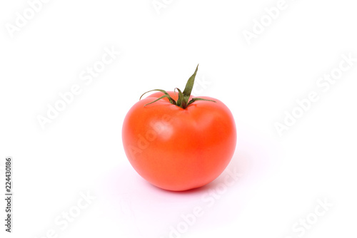 Close up front view photo of red raw fresh with perfect ideal flawless skin bright tomato isolated on white background copy-space copyspace