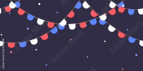 Seamless garland with celebration flags chain, white, blue, red pennons with confetti on dark background, footer and banner for decoration