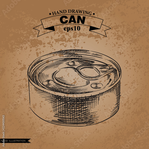 Hand drawn metal can isolated on shabby background. Cans sketch elements. Retro hand-drawn vector illustration