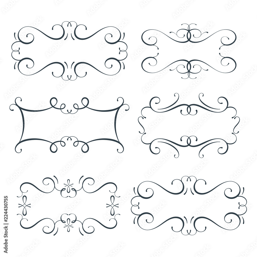 Vector flourish frames set, scroll border collection, place for text and sign, curl decoration elements, vintage divider decor Vector flourish frames set, scroll border collection, place for text and sign, curl decoration elements, vintage divider decor