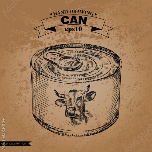 Hand drawn canned beef stew isolated on shabby background. Cans sketch elements. Retro hand-drawn vector illustration