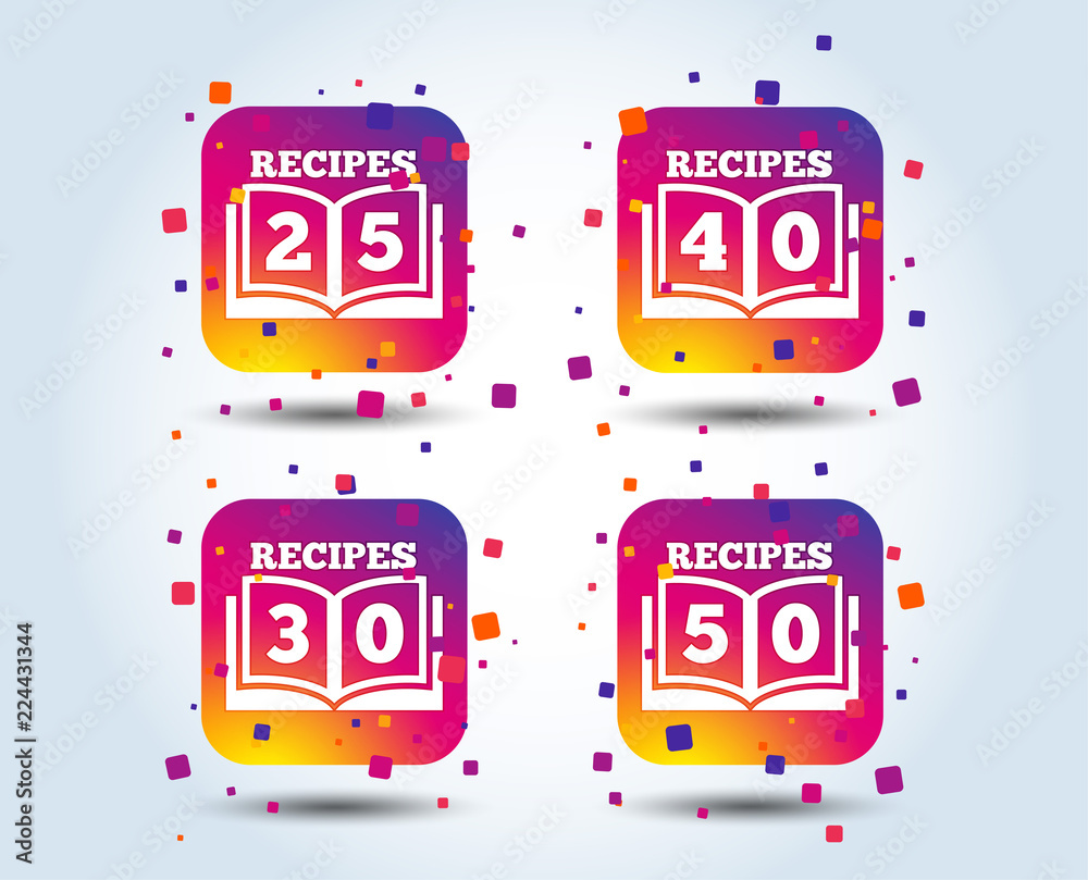 Obraz premium Cookbook icons. 25, 30, 40 and 50 recipes book sign symbols. Colour gradient square buttons. Flat design concept. Vector