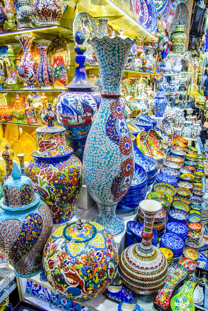 Among countless shops in Grand Bazaar market in Istanbul. Shopping and travel in Turkey concept