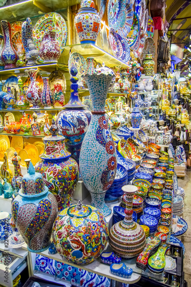Among countless shops in Grand Bazaar market in Istanbul. Shopping and travel in Turkey concept