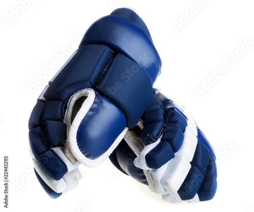 Pair of Blue and White Ice Hockey Gloves, Isolated on White photo