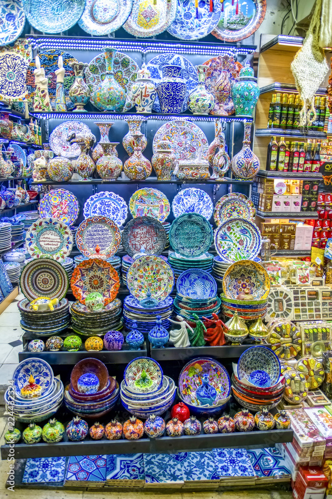 Among countless shops in Grand Bazaar market in Istanbul. Shopping and travel in Turkey concept