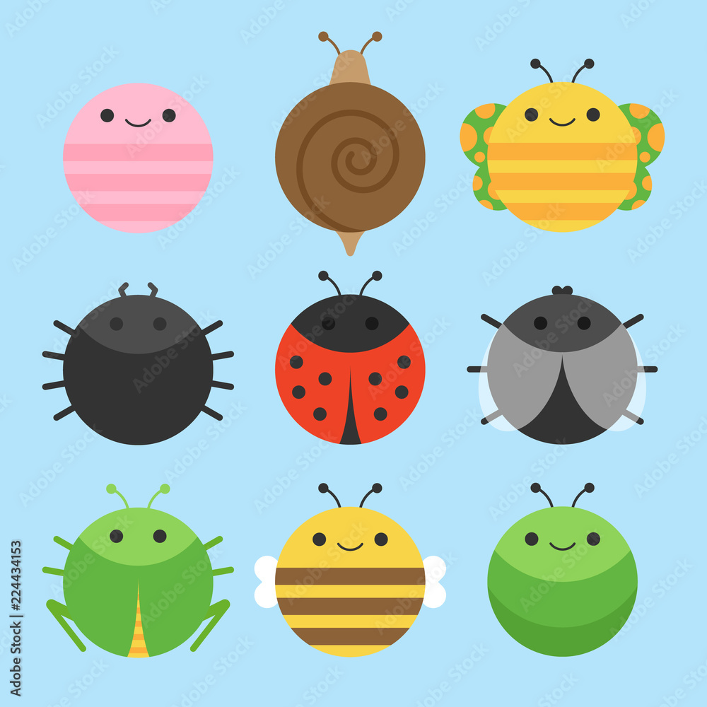 Cute vector icon set of insect, meadow animals. Round animals ...