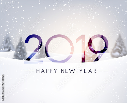 Blurred Happy New Year 2019 card with winter landscape.