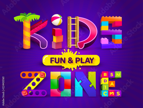 Kids zone design in cartoon style with sunburst background. Place for fun and play. Poster for children's playroom decoration. Vector illustration. Isolated on violet background.