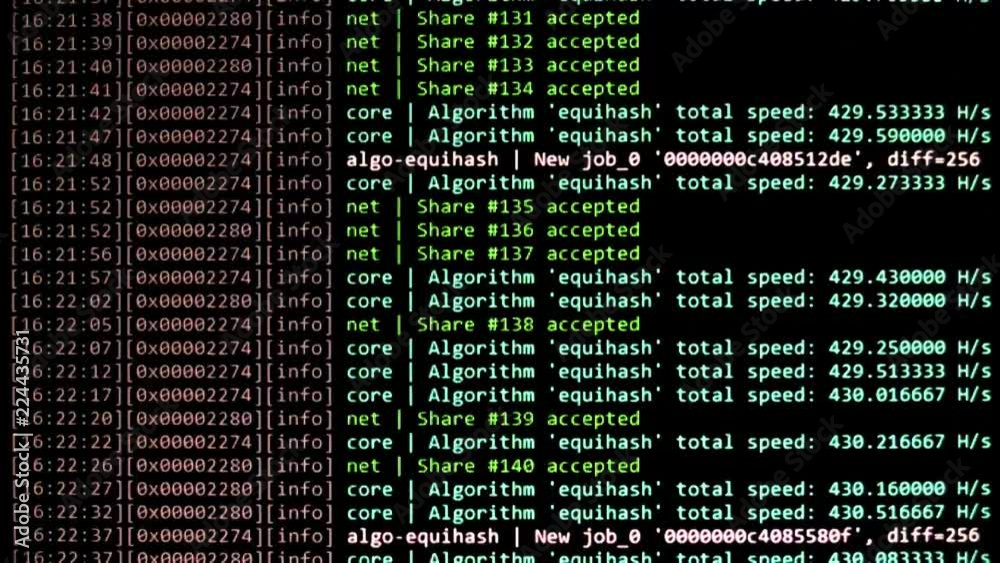 Cryptocurrency mining on a computer screen. The algorithm of the computer program on the monitor. Execution of the program code for the mining program. Pop-up lines of a computer program.