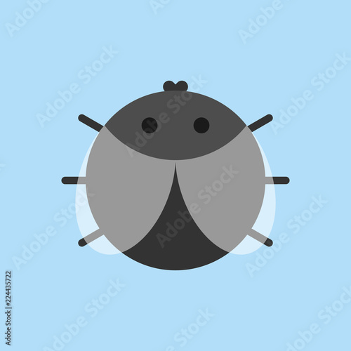 Cute fly round vector graphic icon. Black fly insect animal head, body illustration. Isolated on blue background.