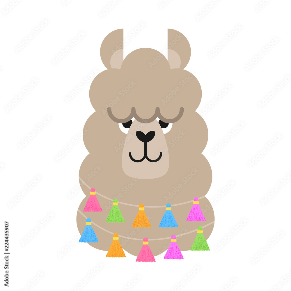 Fototapeta premium Cute simple llama head vector illustration. Beige llama, alpaca head, face with ears, eyes and nose. Fluffy llama animal with colorful fringed tassels on string around neck, isolated.