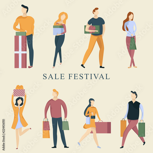 Autumn sale festival illustration showing happy people with packages and gifts